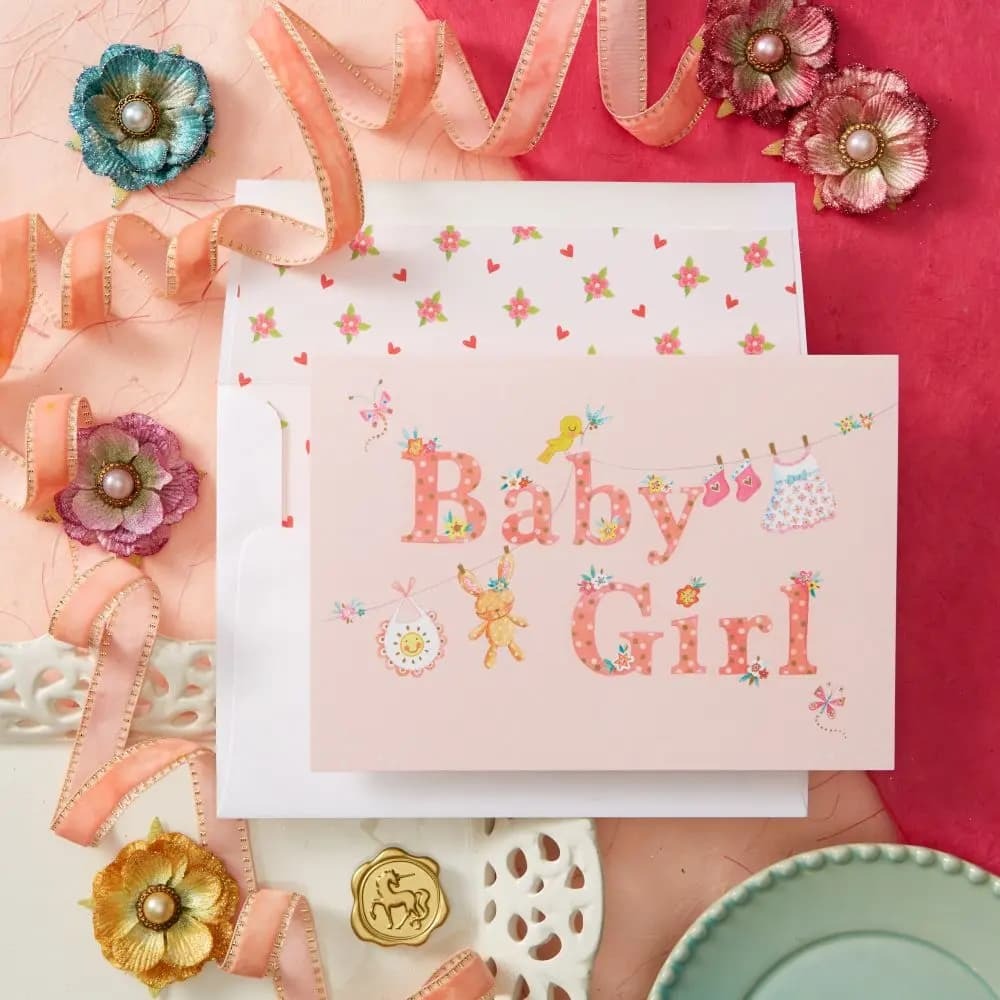 Clothesline Baby Girl Congratulations Card