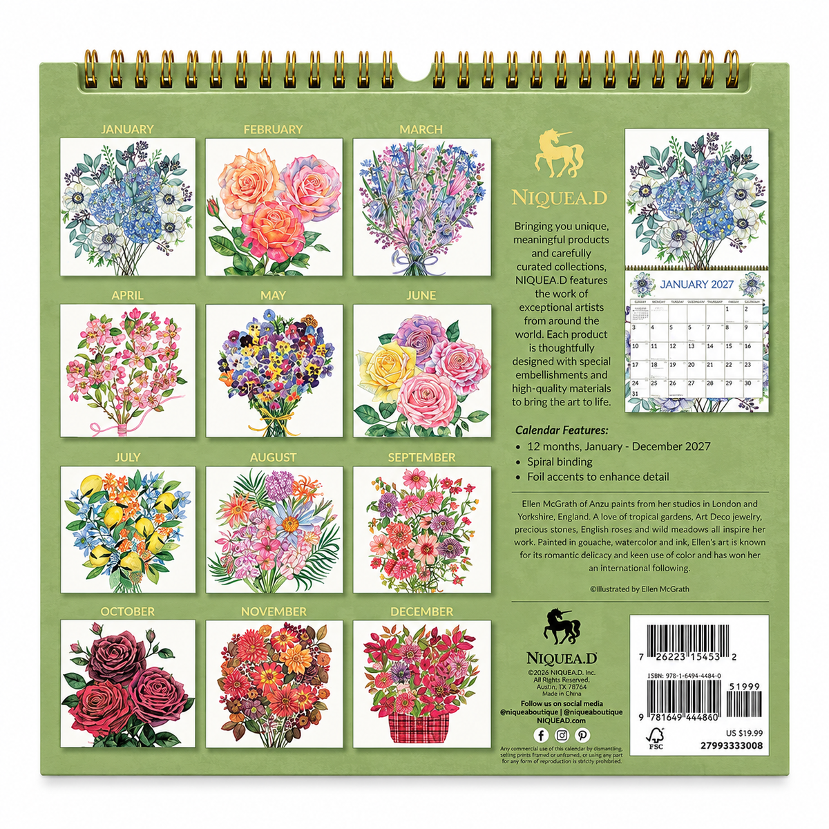 Bouquet 2027 Spiral Wall Calendar