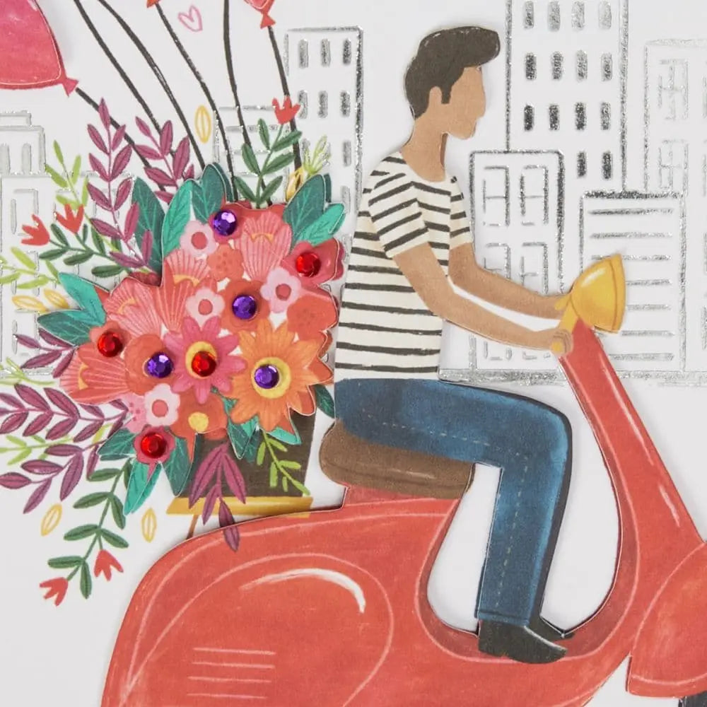 Man on Vespa with Bouquet Valentine's Day Card