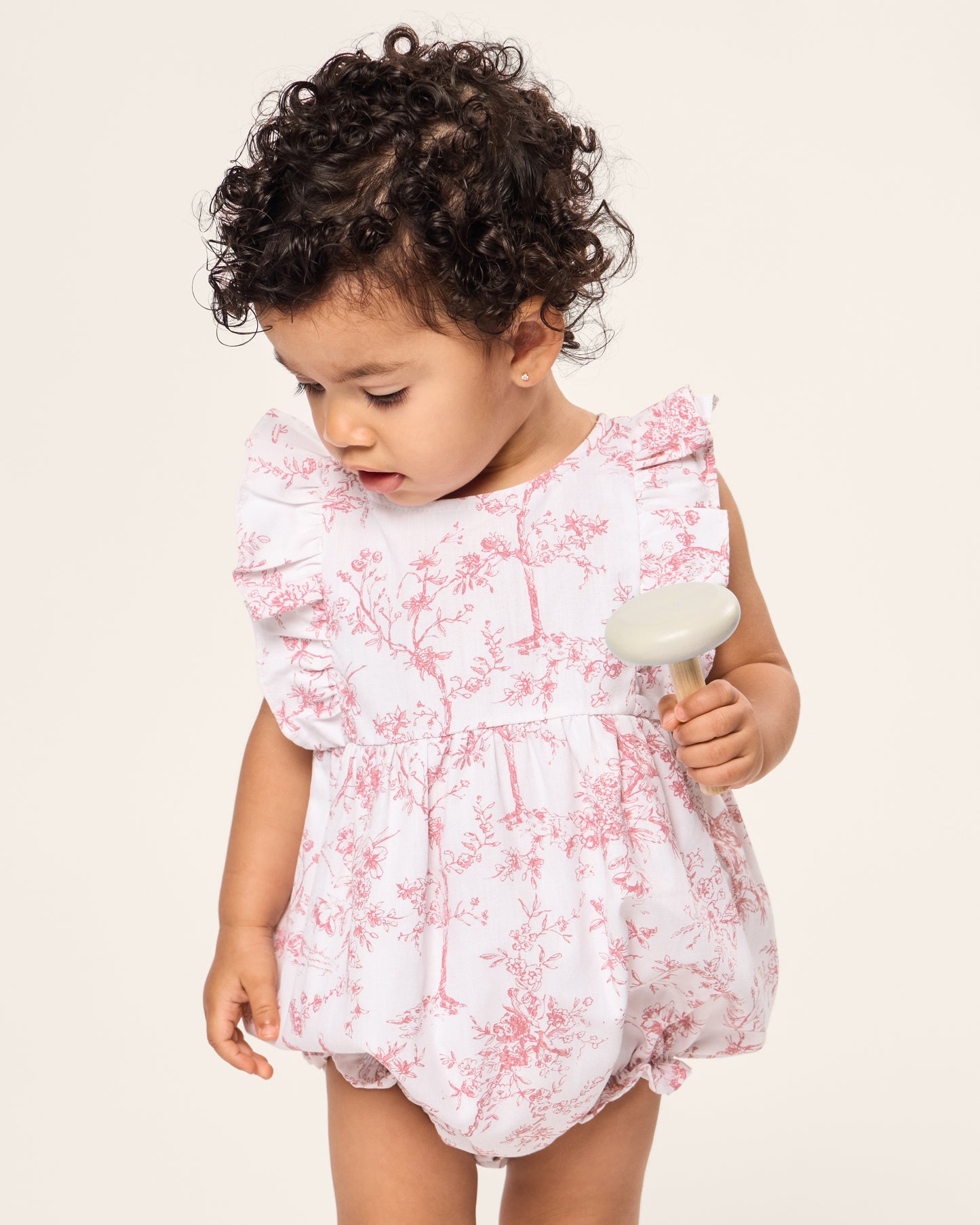 Baby's Twill Ruffled Romper in Pink Timeless Toile
