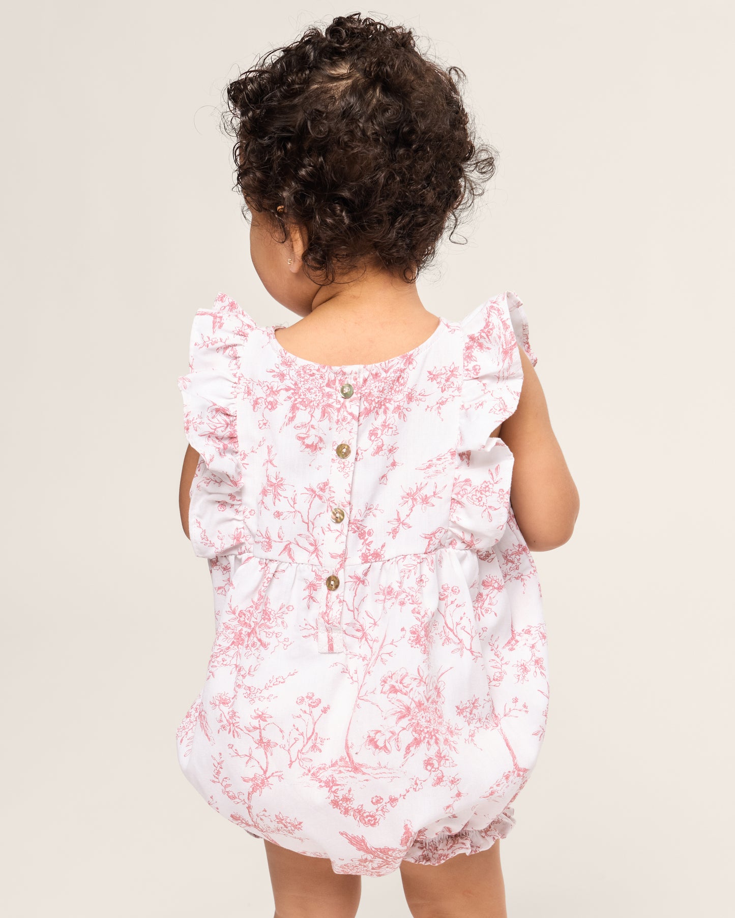 Baby's Twill Ruffled Romper in Pink Timeless Toile