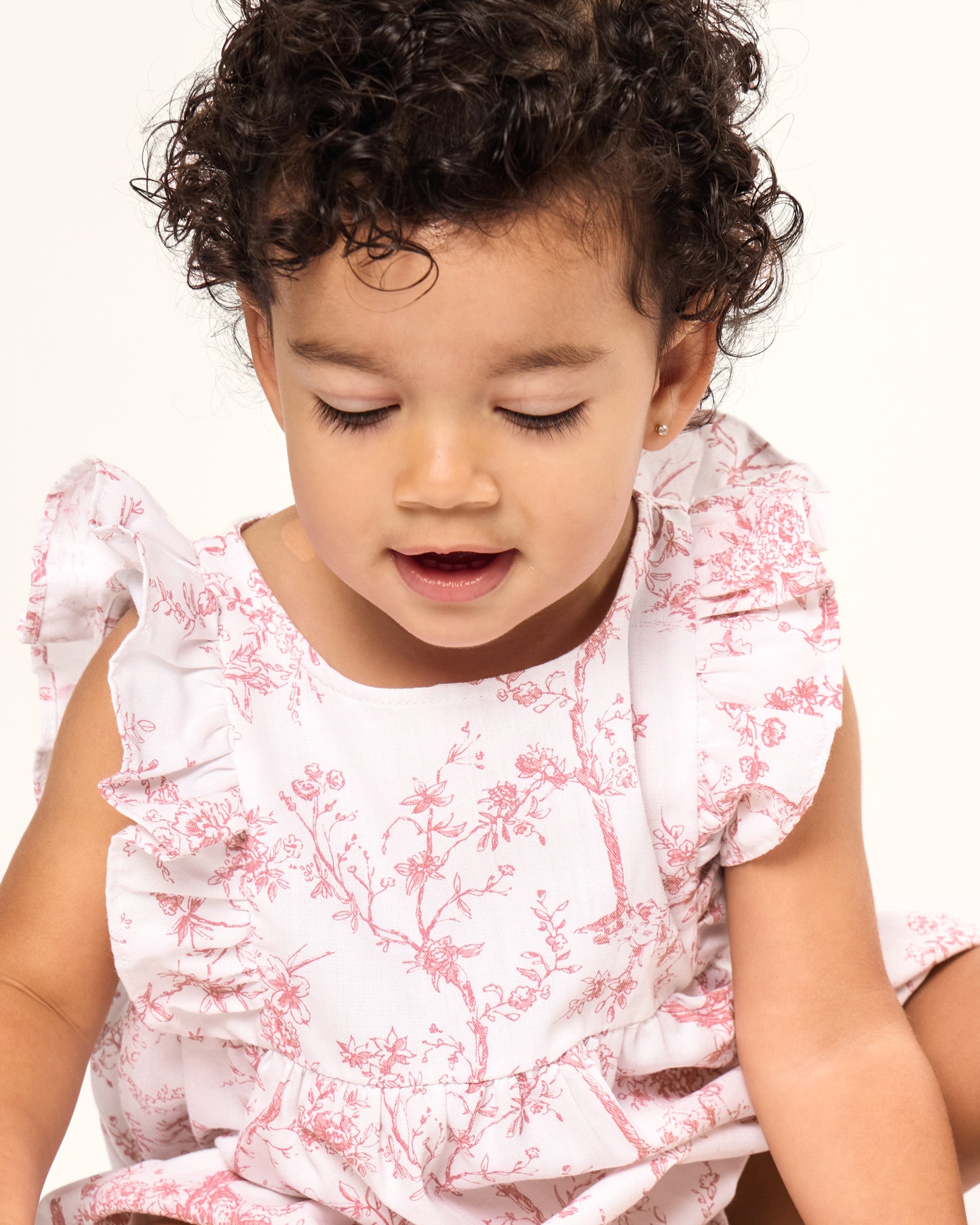 Baby's Twill Ruffled Romper in Pink Timeless Toile