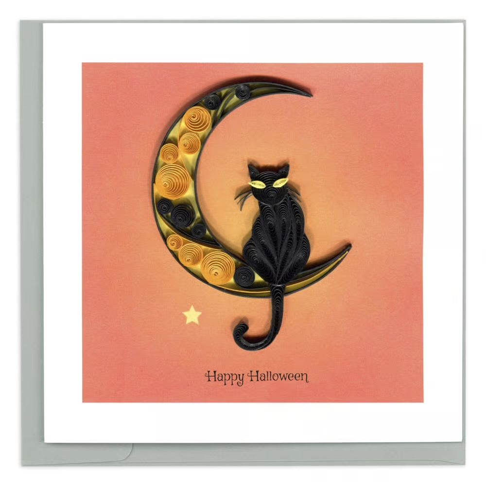Quilled Black Cat On Moon Halloween Card