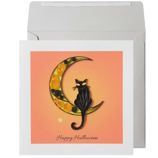 Quilled Black Cat On Moon Halloween Card
