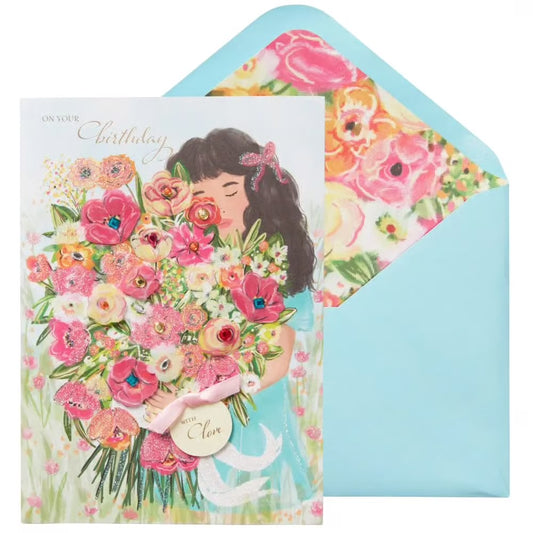 Girl With Birthday Bouquet Birthday Card