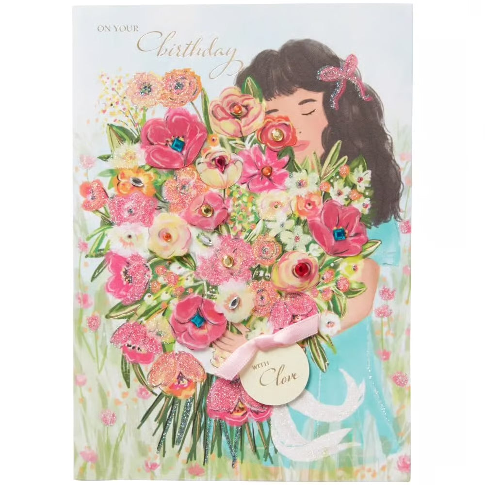 Girl With Birthday Bouquet Birthday Card