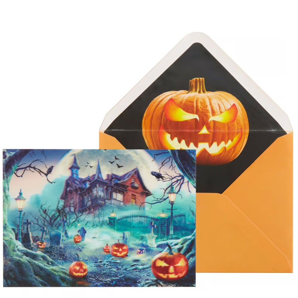 3-D Haunted House Scene Halloween Card
