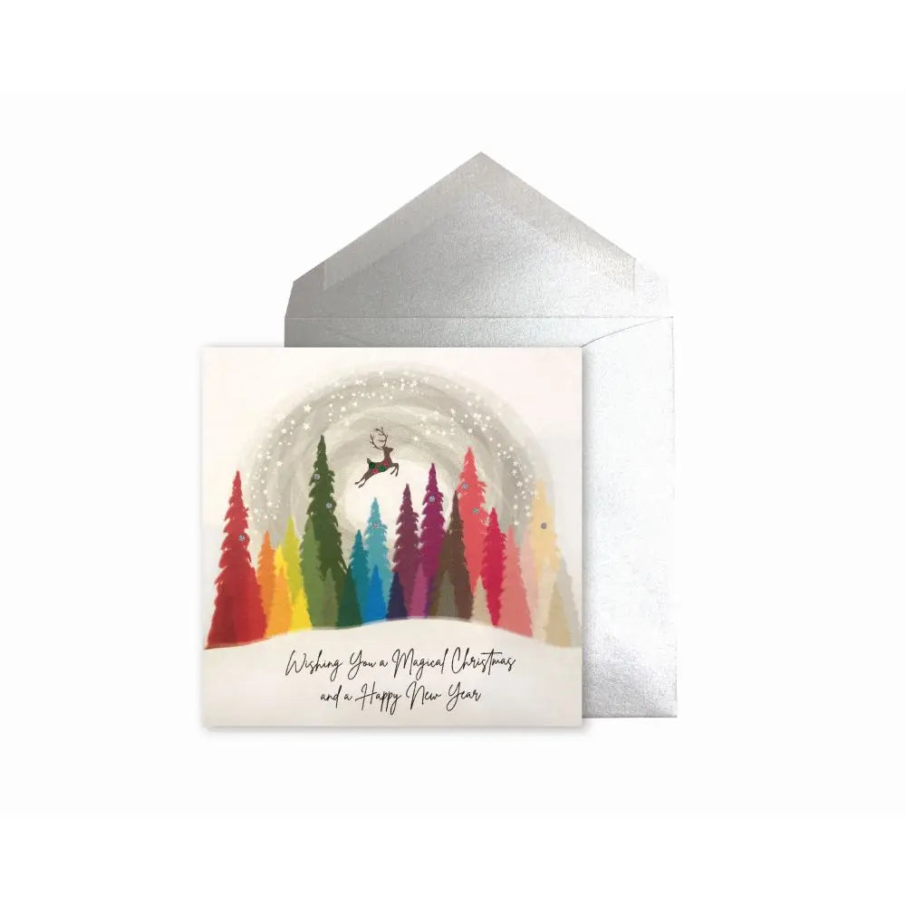 Rainbow Trees With Reindeer Christmas Card