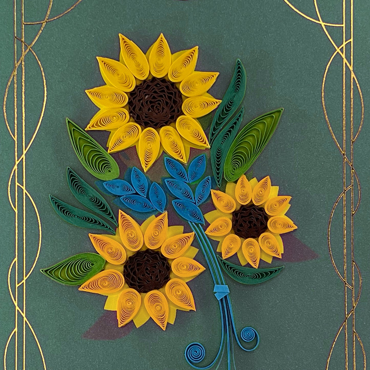 Quilling Sunflowers on Teal Thanksgiving Card
