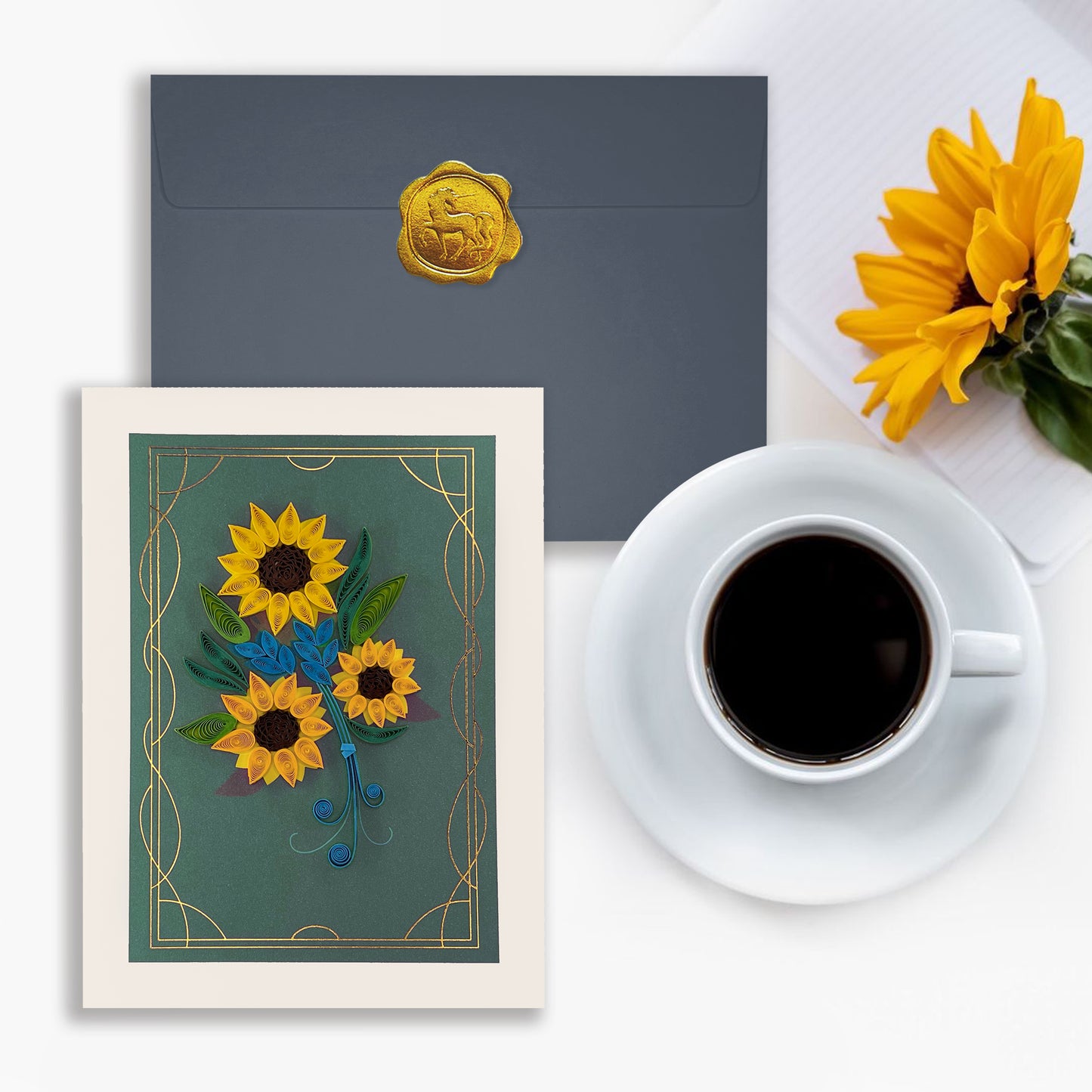 Quilling Sunflowers on Teal Thanksgiving Card