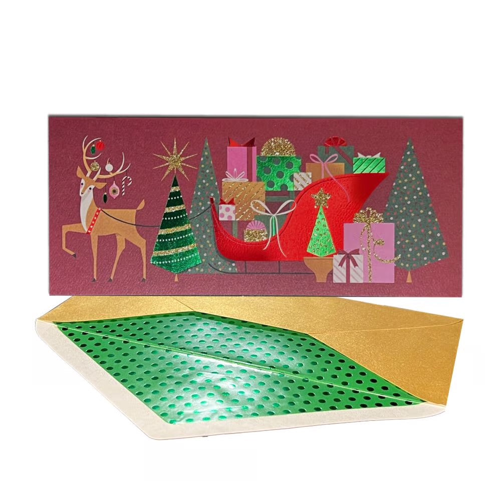 Stylized Reindeer & Sleigh Boxed Christmas Cards