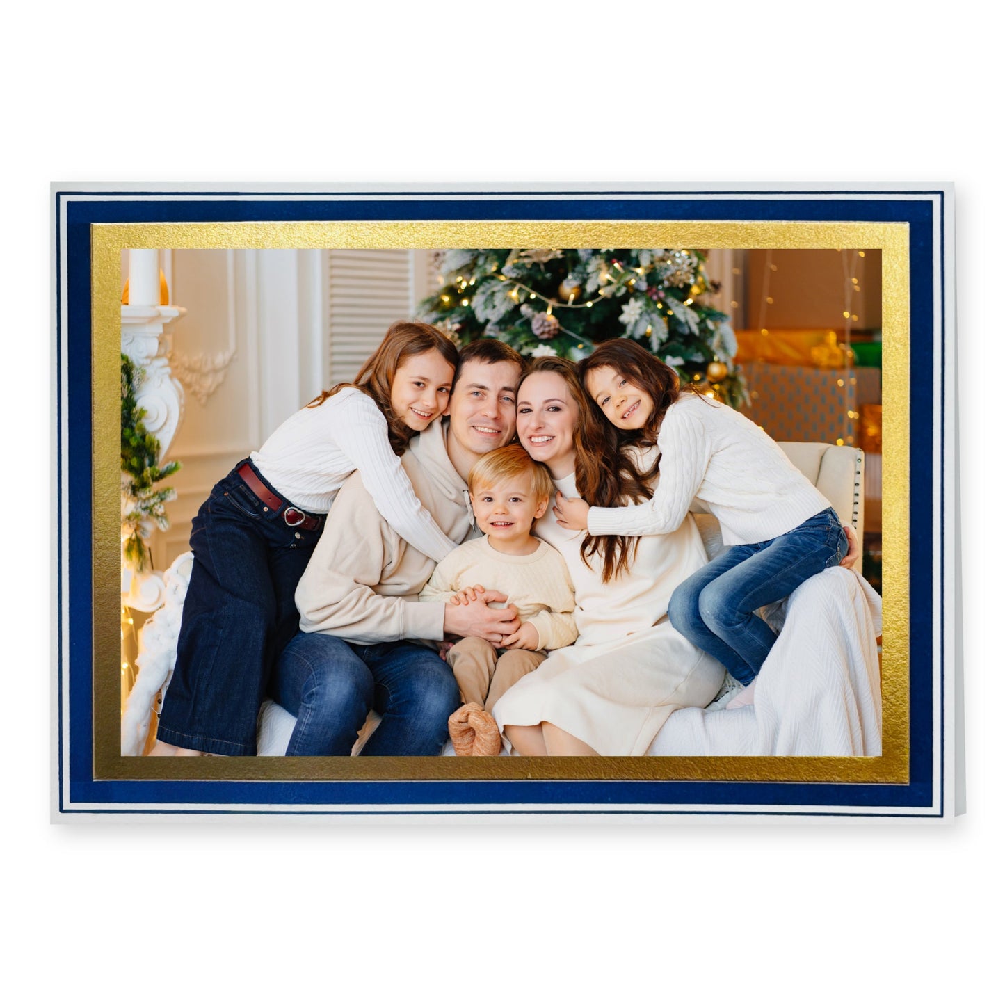 CUSTOM Embossed Navy and Gold Foil Border Holiday Photo Card Set