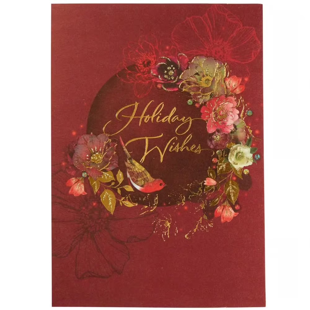 Robin And Flowers Christmas Card