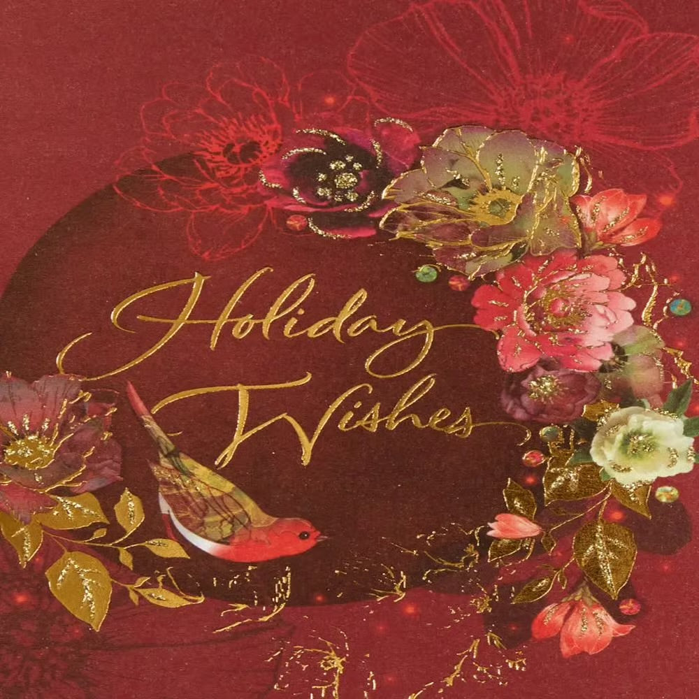 Robin And Flowers Christmas Card