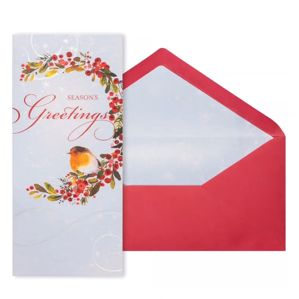 Robin On Grnery Berries 8Ct Boxed Christmas Cards