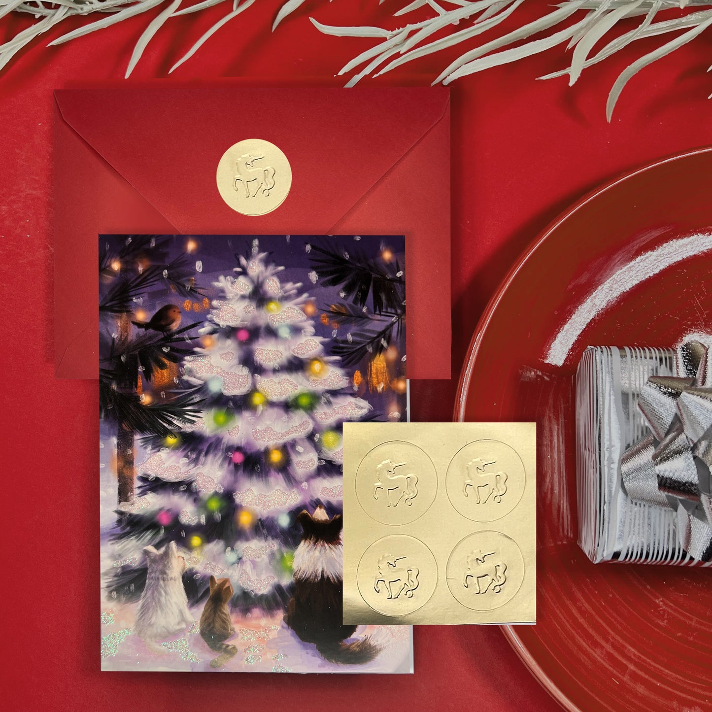 Pets Gathered Around Tree 20ct Boxed Christmas Cards
