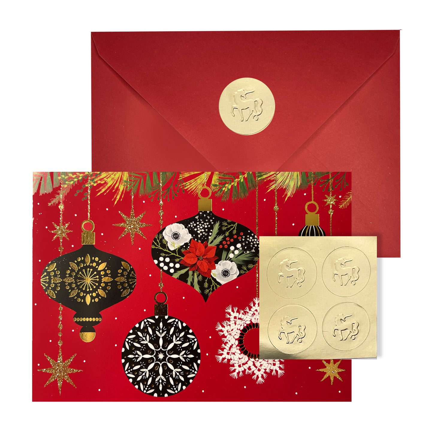 Floral/Black Ornaments on Red 20ct Boxed Christmas Cards