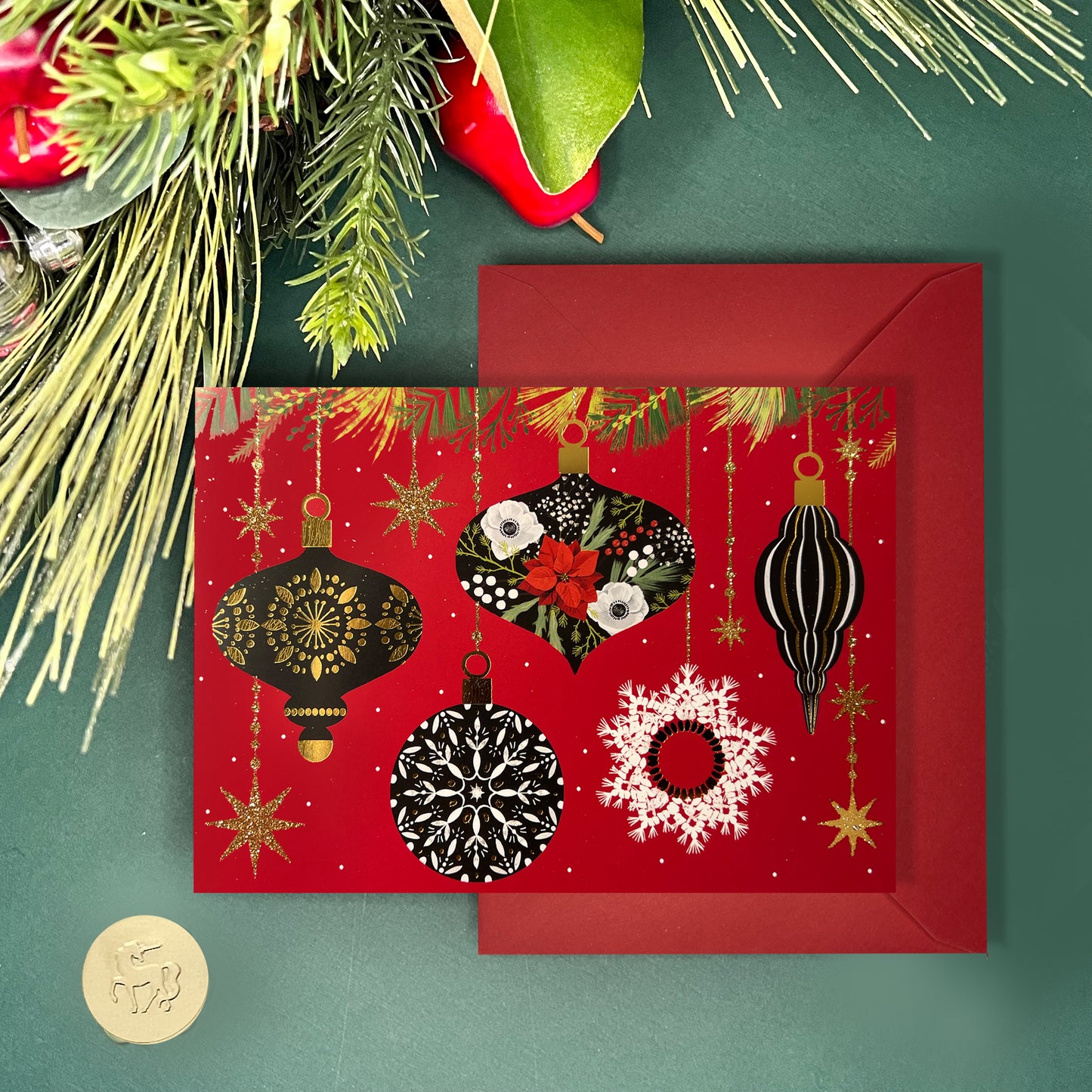 Floral/Black Ornaments on Red 20ct Boxed Christmas Cards