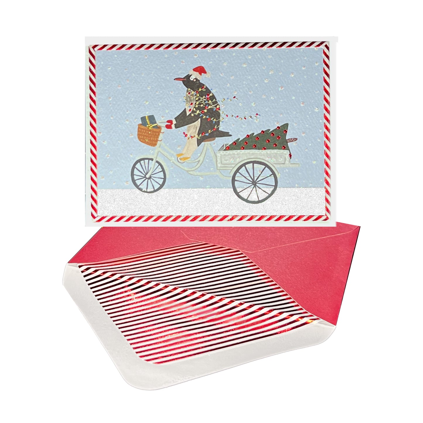 Penguin Riding in Snow Christmas Card
