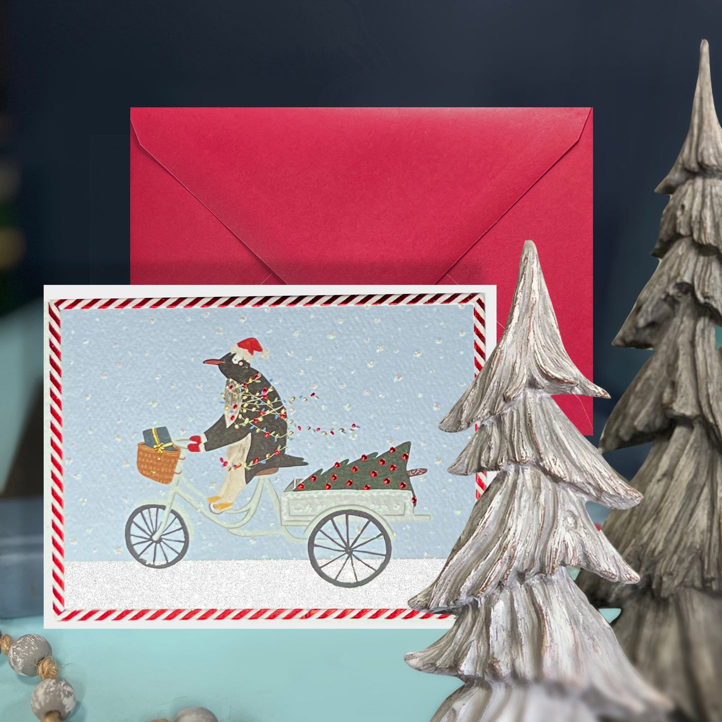Penguin Riding in Snow Christmas Card