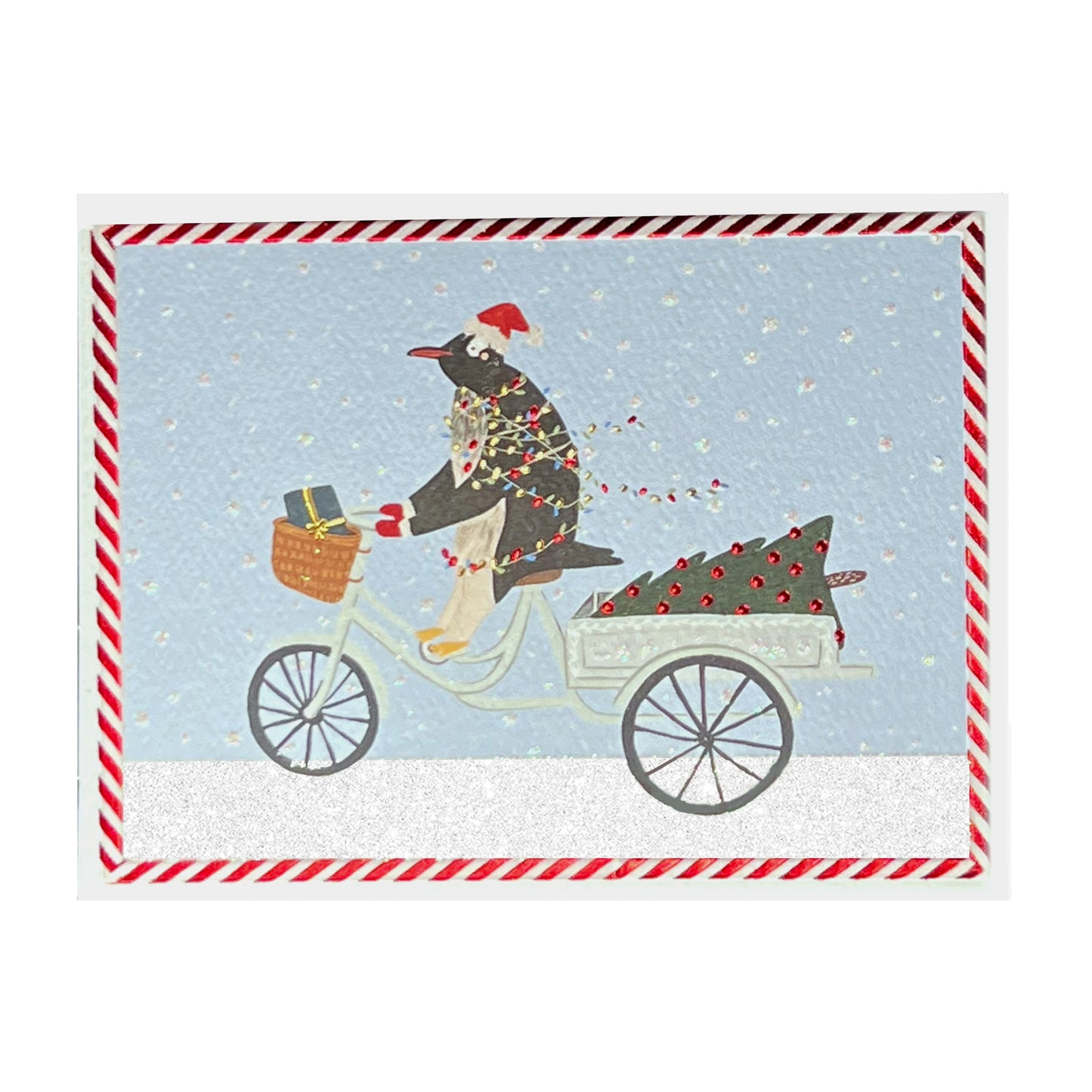 Penguin Riding in Snow Christmas Card