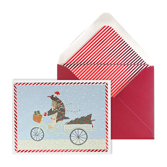 Penguin Riding in Snow Christmas Card