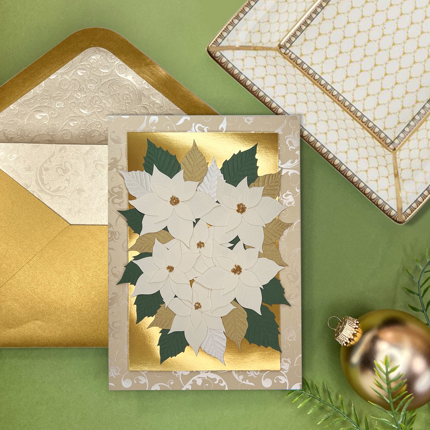 Handmade White Poinsettias Christmas Card