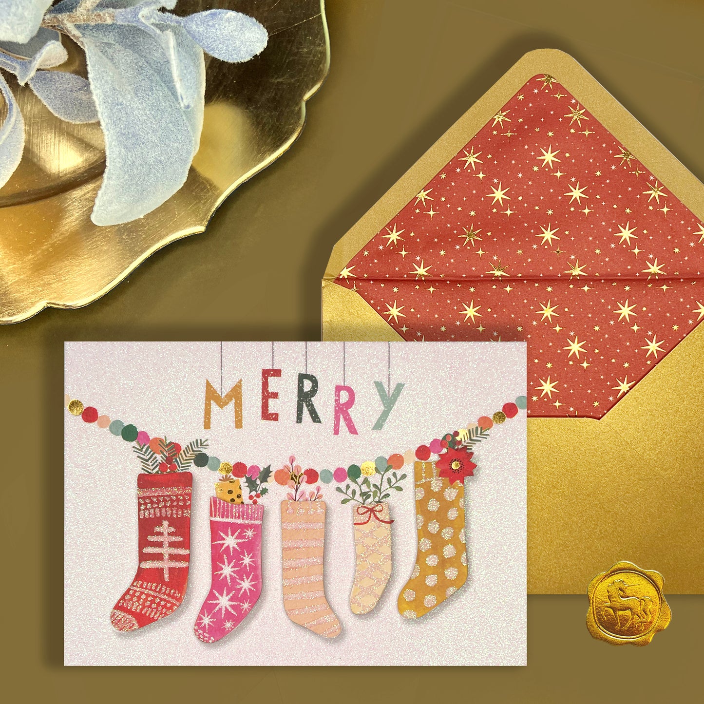 Stockings on Garland Christmas Card