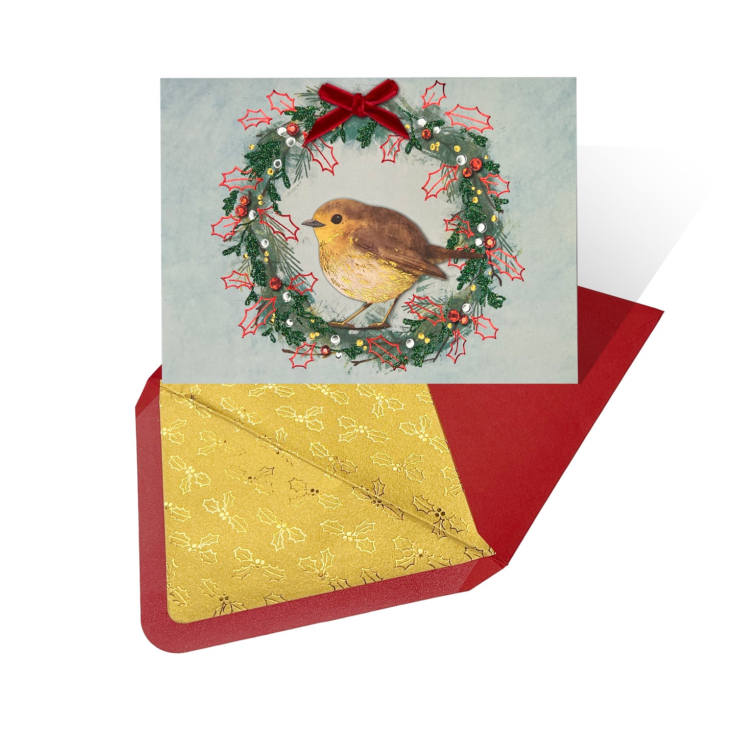 Robin On Wreath Christmas Card