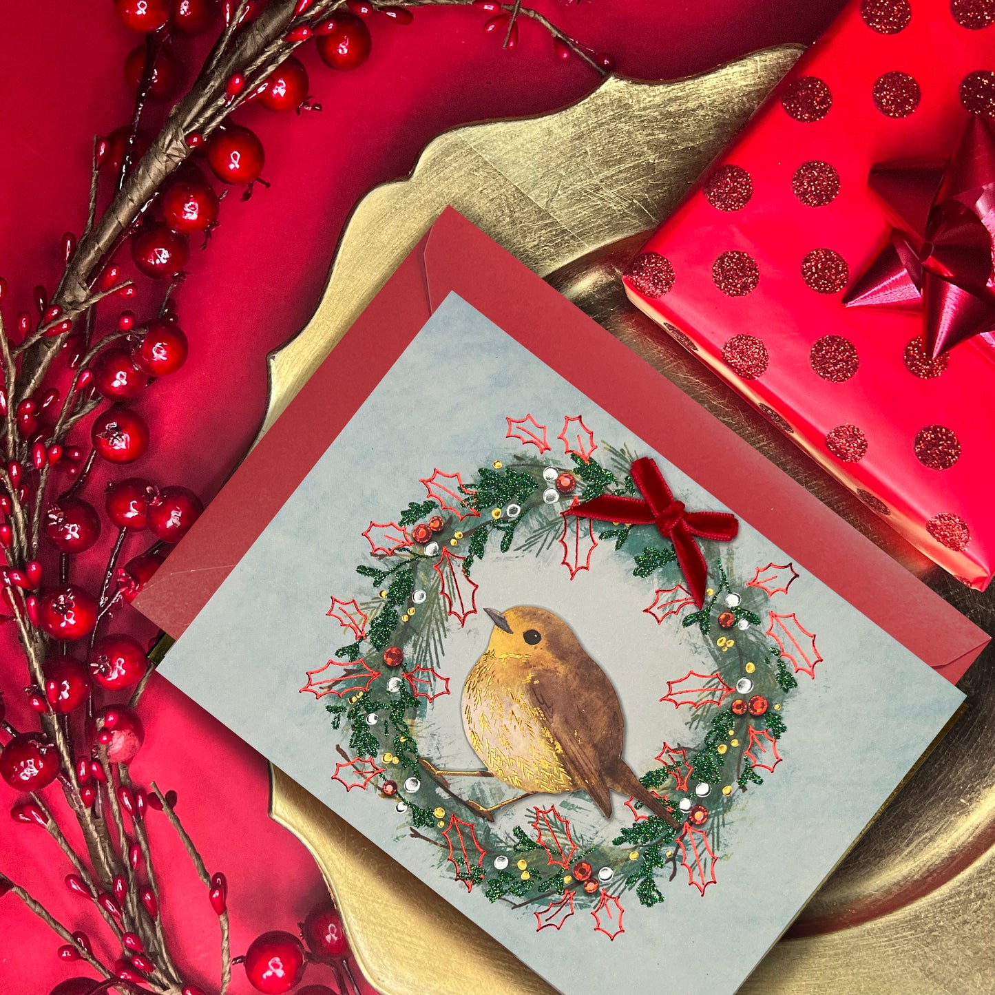 Robin On Wreath Christmas Card
