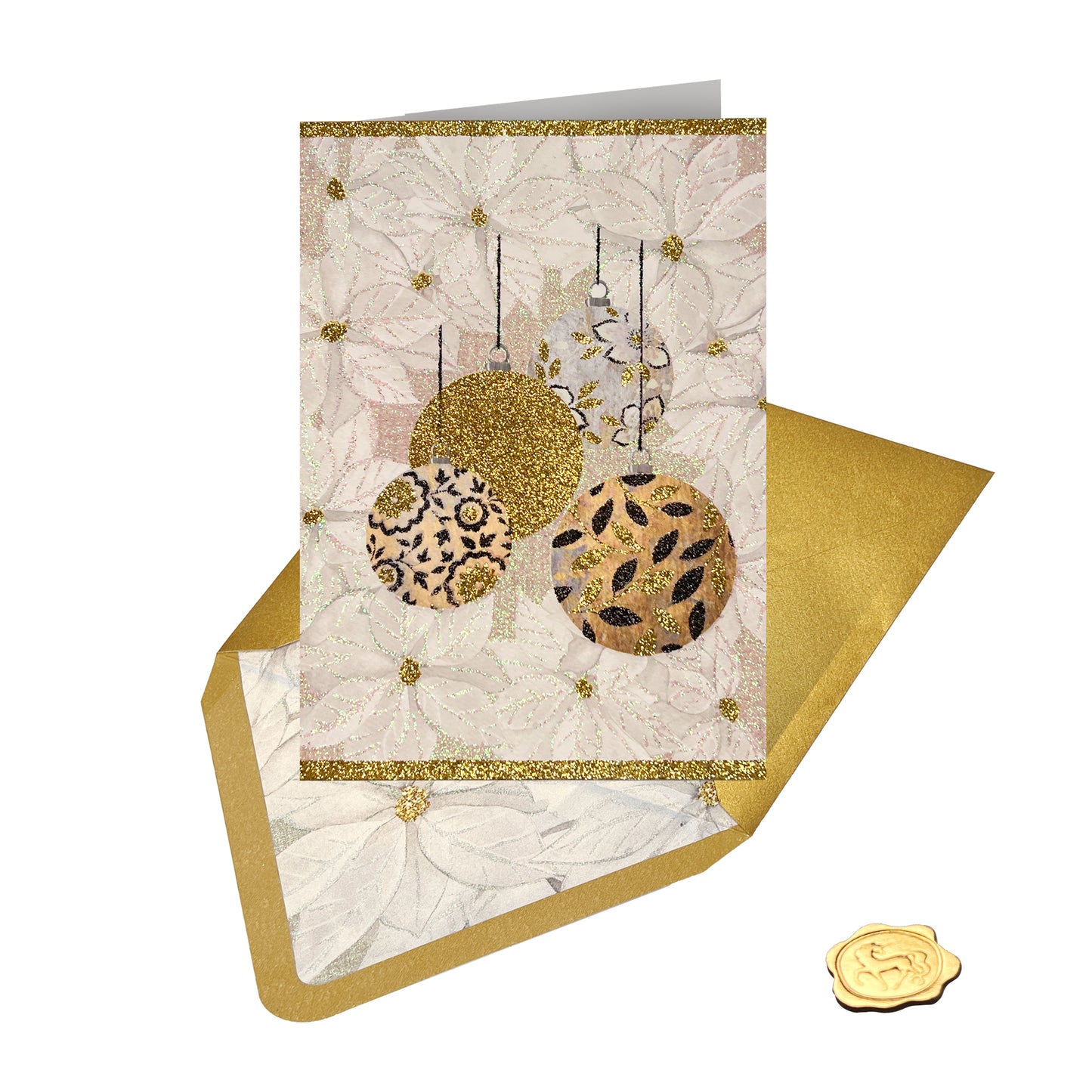 Ornaments on Poinsettias Christmas Card