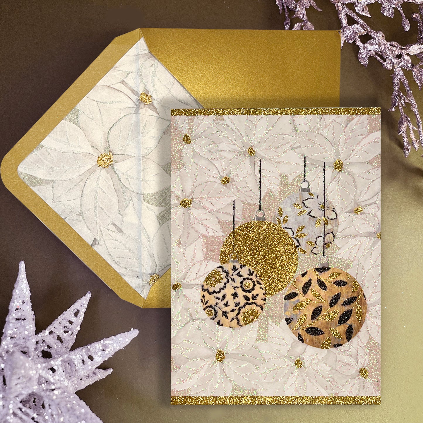 Ornaments on Poinsettias Christmas Card