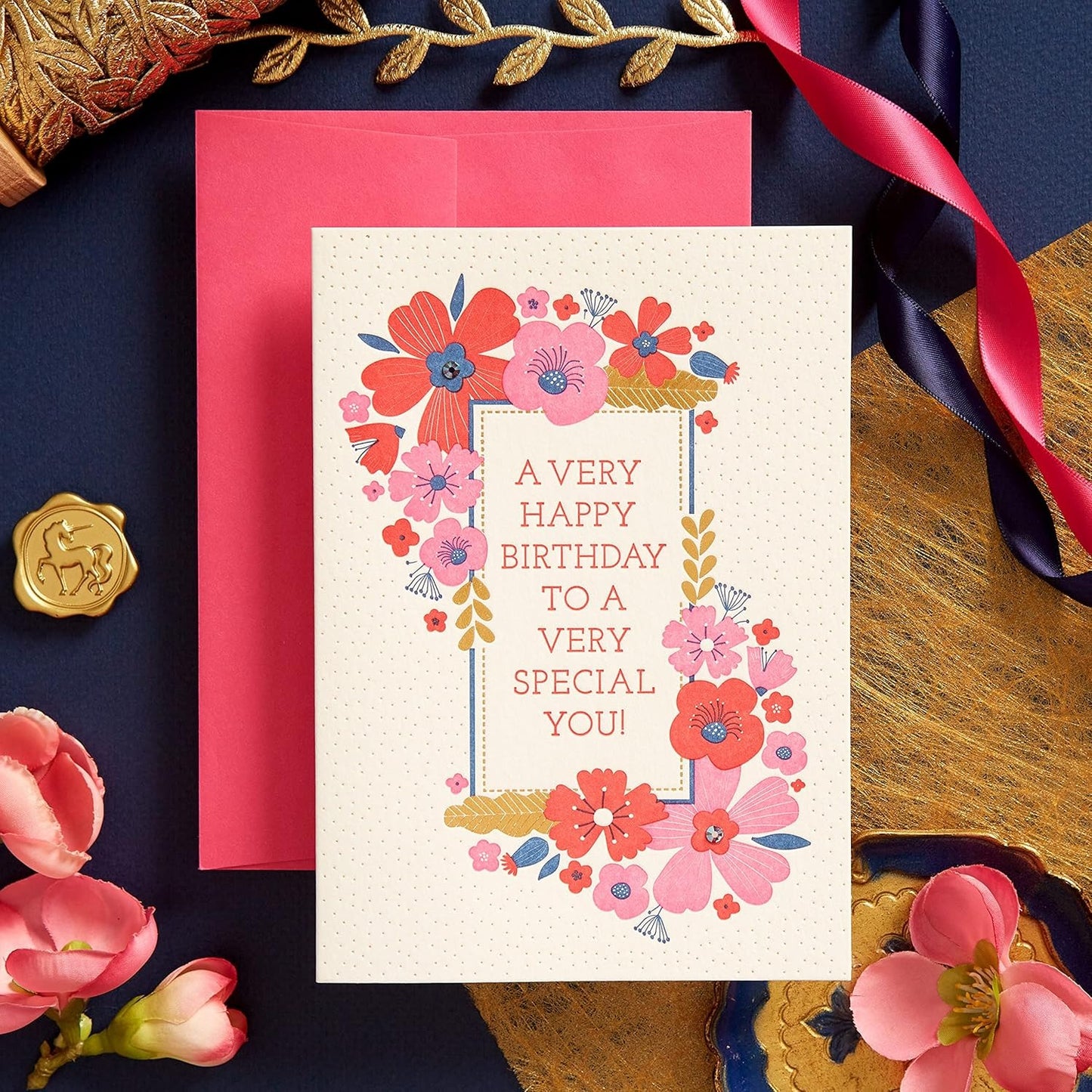 Flower Frame with Gems Birthday Card