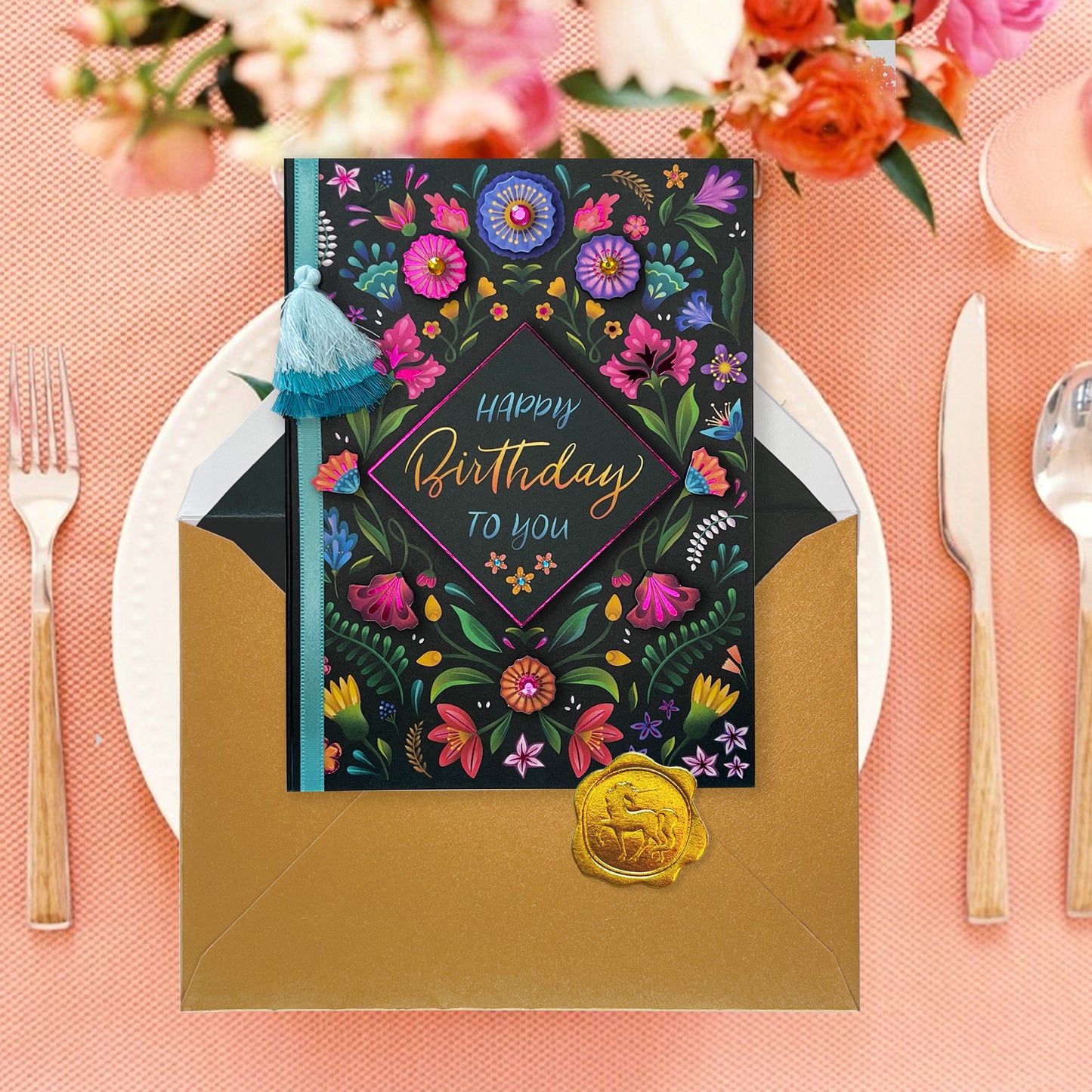 Floral on Black Birthday Card