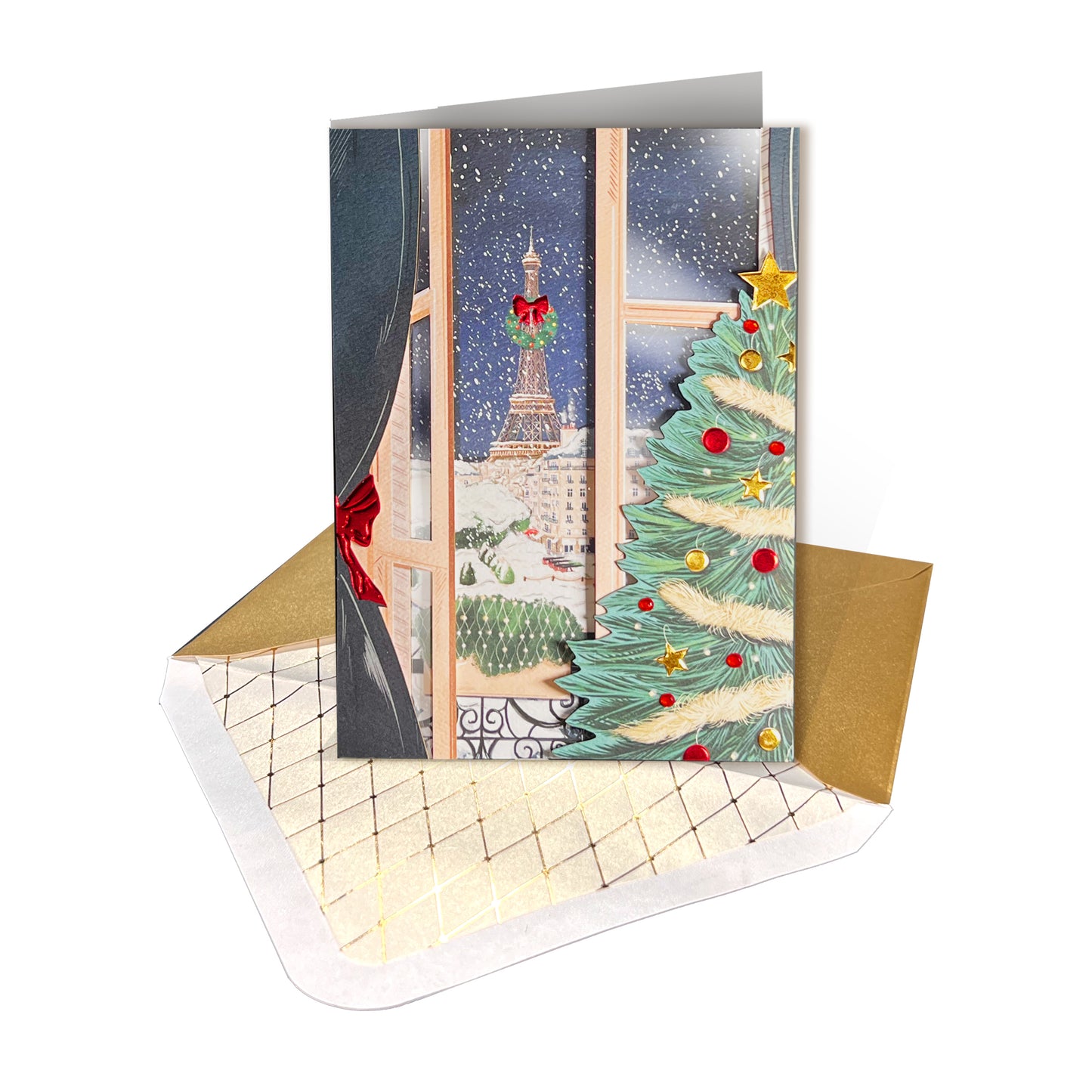 Paris Scene Through French Doors Christmas Card