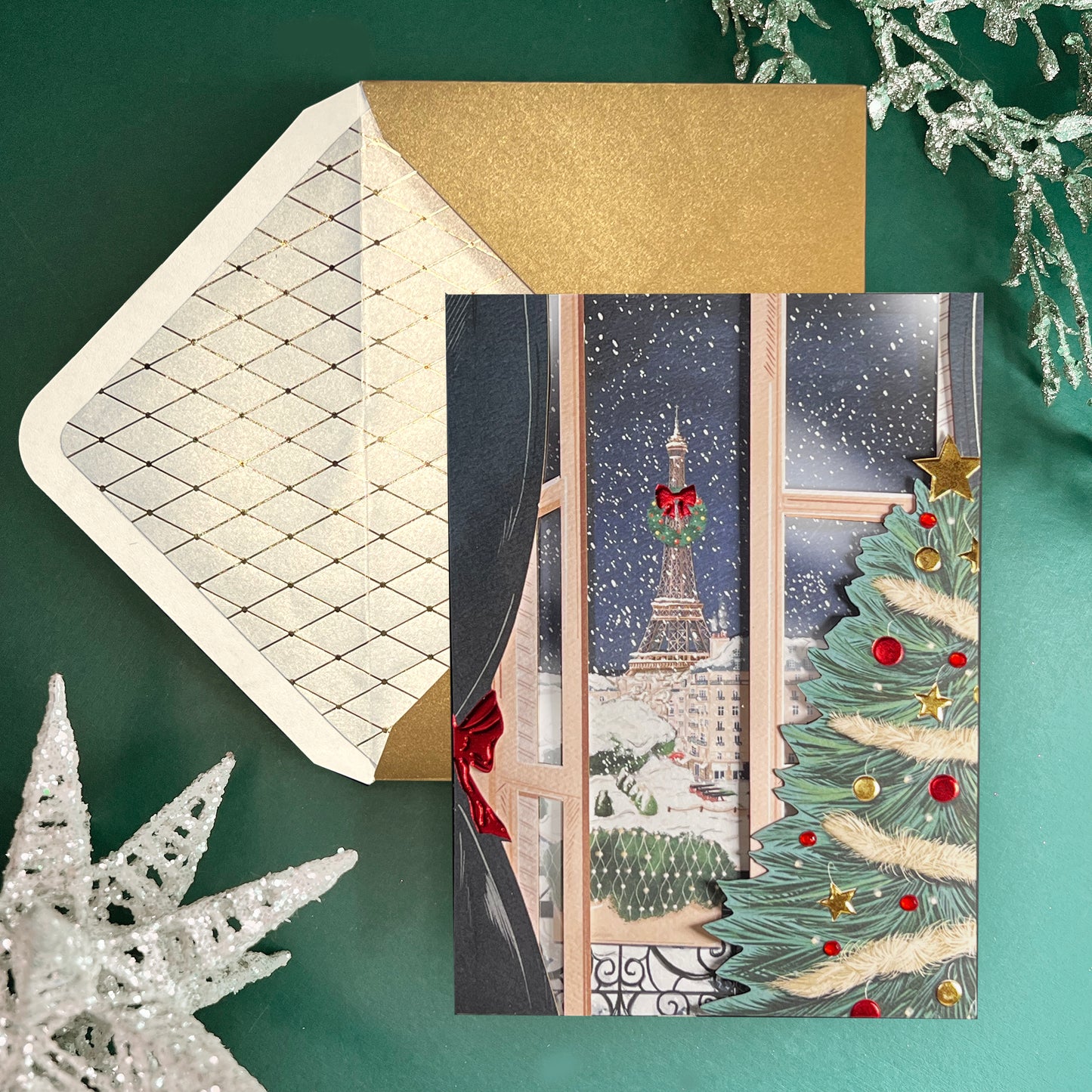 Paris Scene Through French Doors Christmas Card