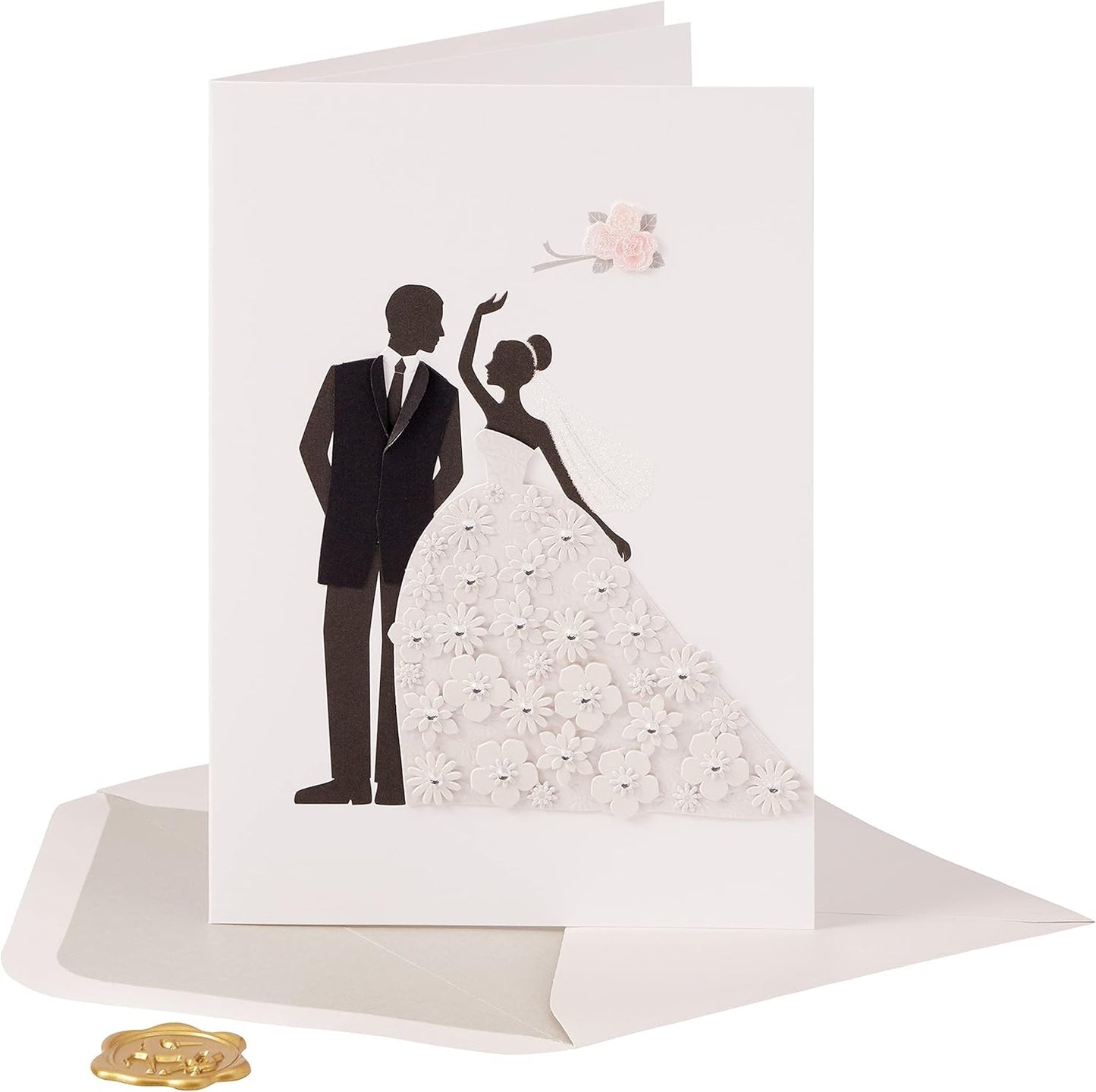 Bride and Groom with Flowers Wedding Card