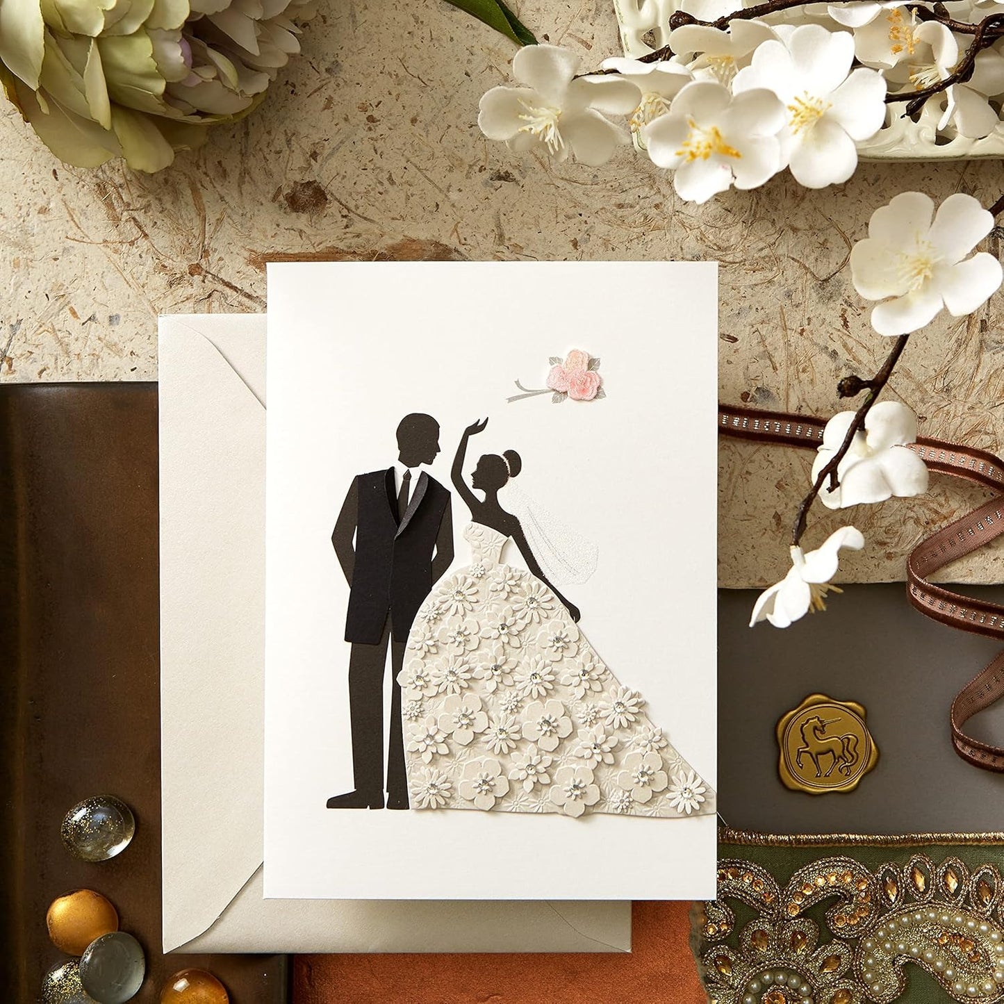 Bride and Groom with Flowers Wedding Card