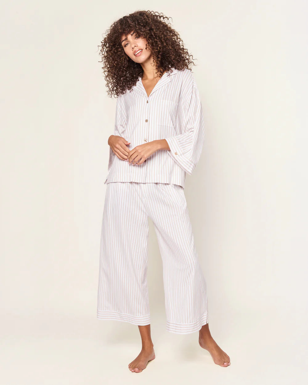 The Olivia Wide Leg Pima Pajama Set in Camel Ticking