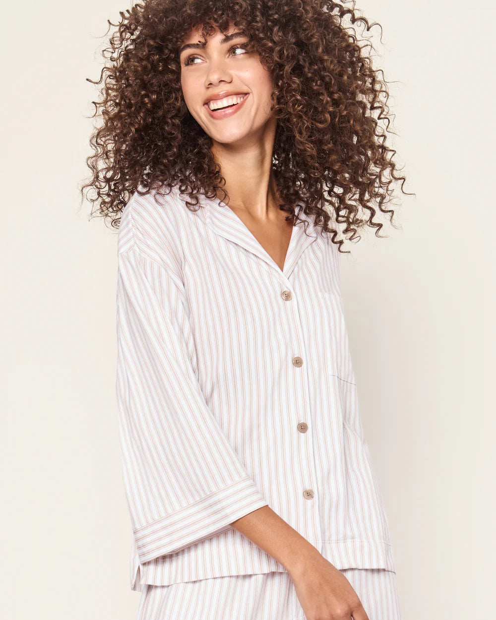 The Olivia Wide Leg Pima Pajama Set in Camel Ticking