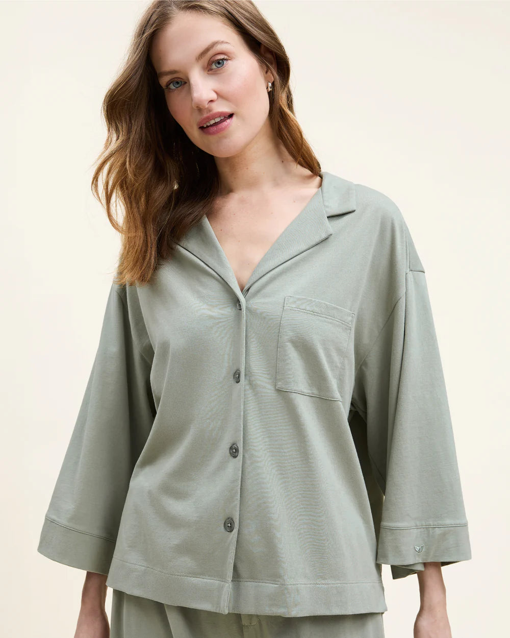 The Olivia Wide Leg Pima Pajama Set in Sage