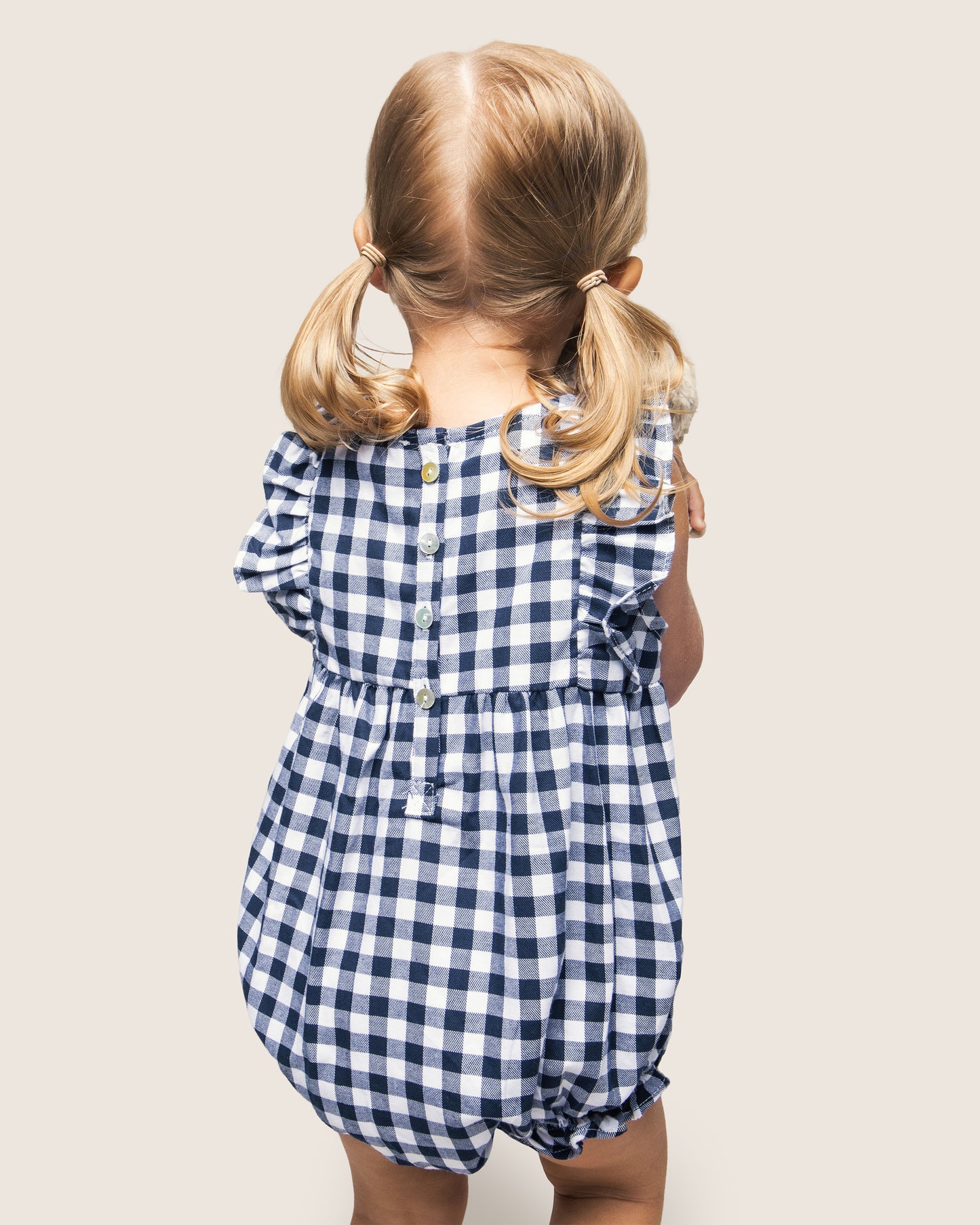 Baby's Twill Ruffled Romper in Navy Gingham