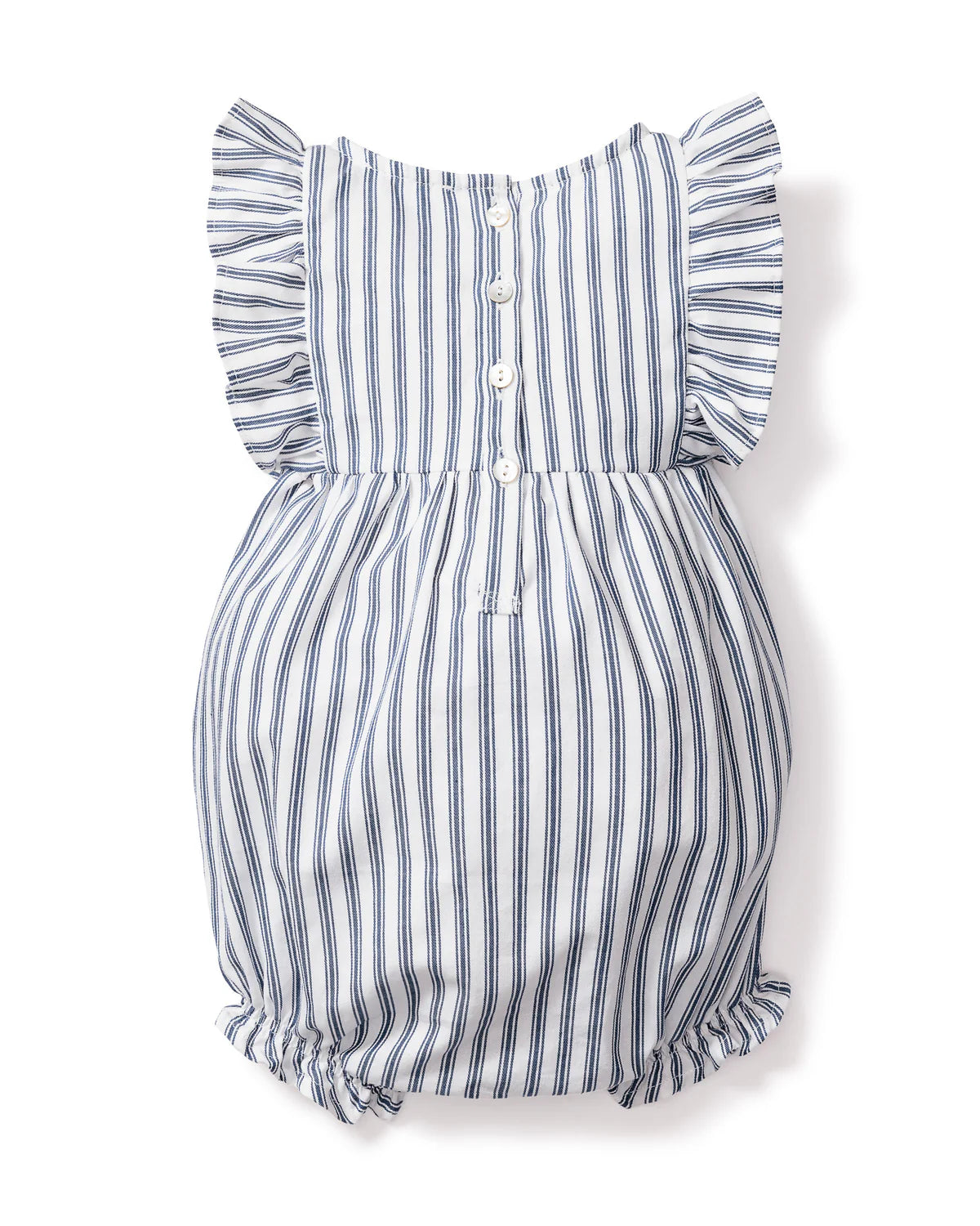 Baby's Twill Ruffled Romper in Navy French Ticking