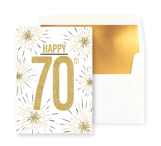 Happy 70th Black and Gold Bursts Birthday Card