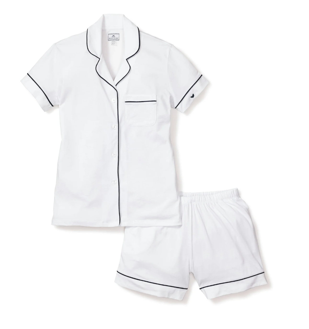 Women's Pima Short Sleeve Short Set in White with Navy Piping