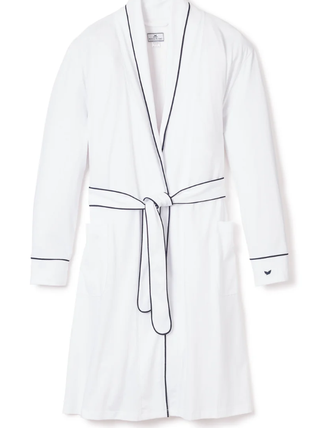 Women's Pima Robe in White with Navy Piping