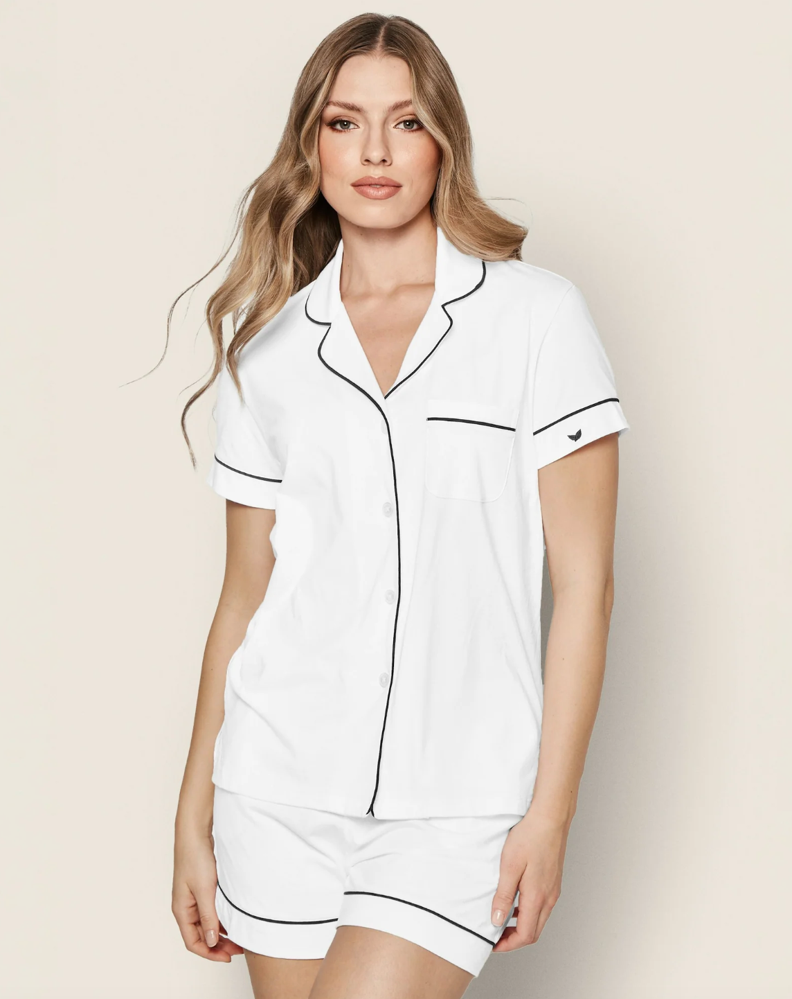 Women's Pima Short Sleeve Short Set in White with Navy Piping