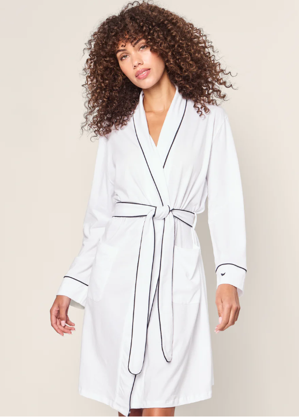 Women's Pima Robe in White with Navy Piping