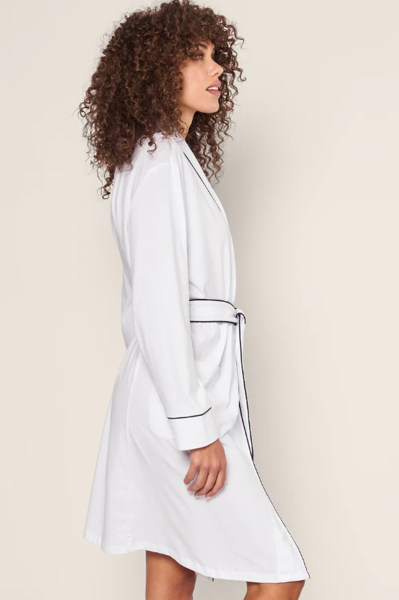 Women's Pima Robe in White with Navy Piping