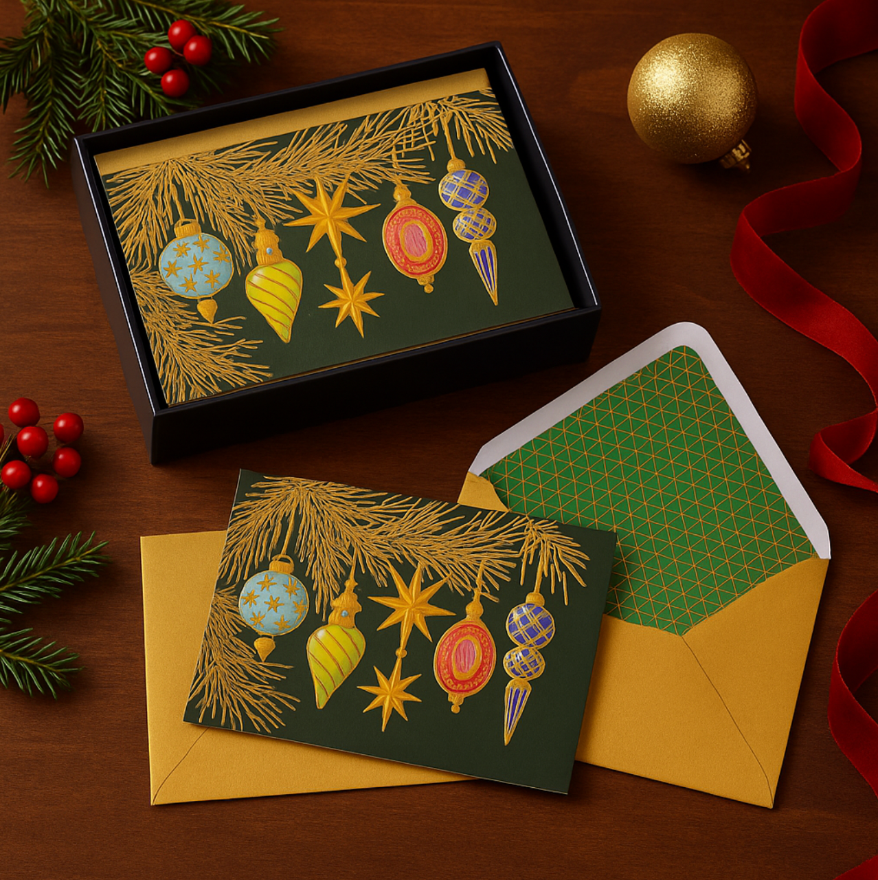 Ornaments And Pine On Grn 8Ct Boxed Christmas Cards